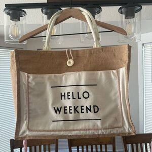 Hello Weekend Jute and Canvas Tote Bag